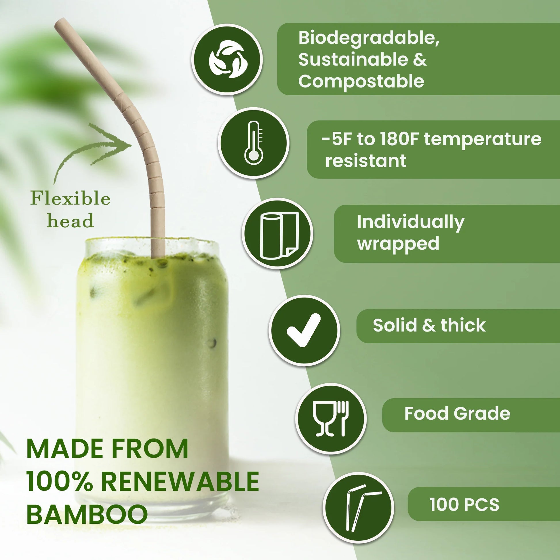 Bamboo Drinking Straws | Individually Wrapped | Bendable Head | Biodegradable & Compostable | Zero-Plastic Waste