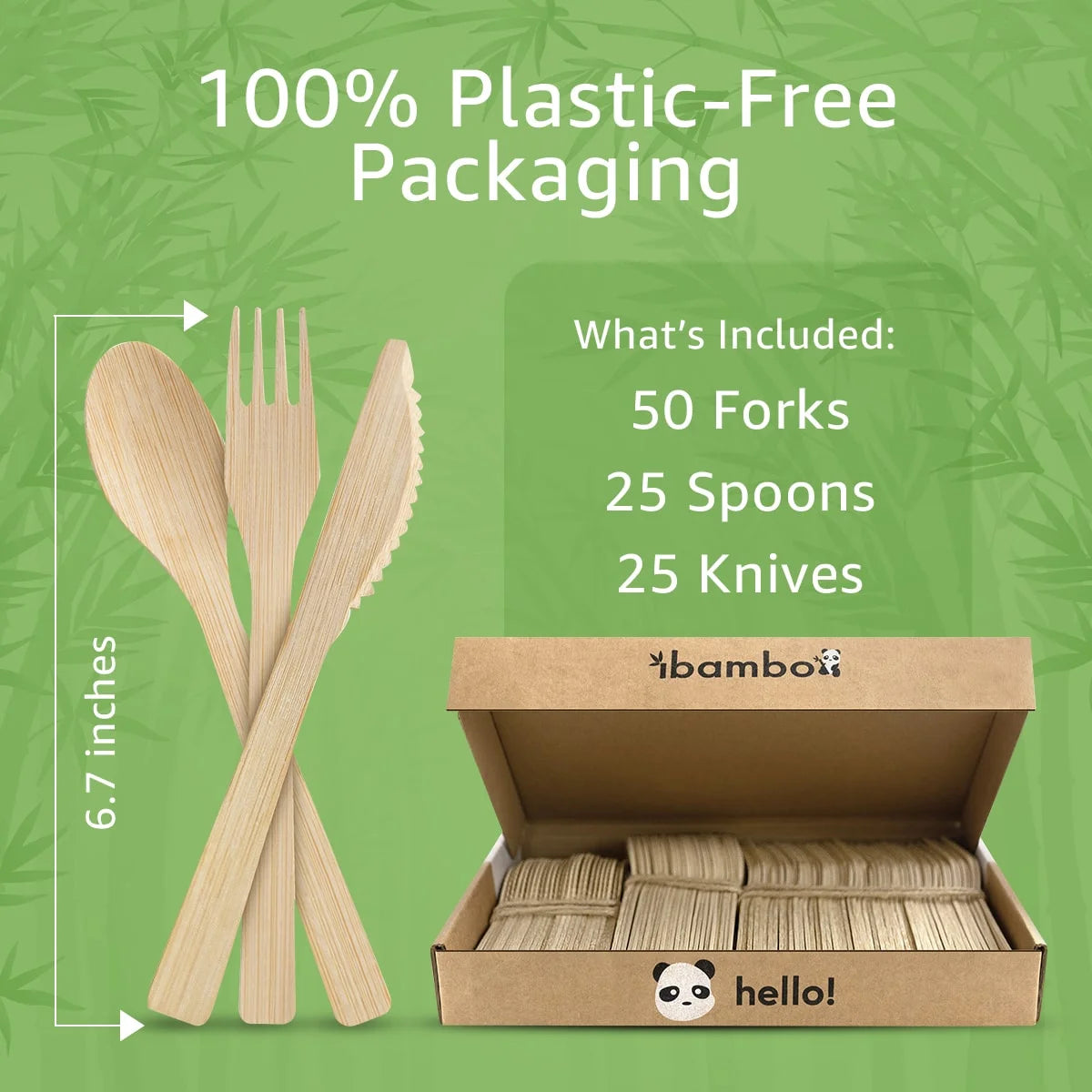 Natural Bamboo Disposable Cutlery Flatware, Mixed Set, Party Cutlery - 100 Set