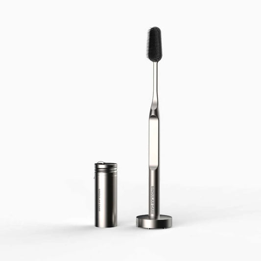 SIT STRAIGHT! Medical grade stainless steel TOOTHBRUSH + BASE + FLOSS. 100% recyclable, replaceable heads