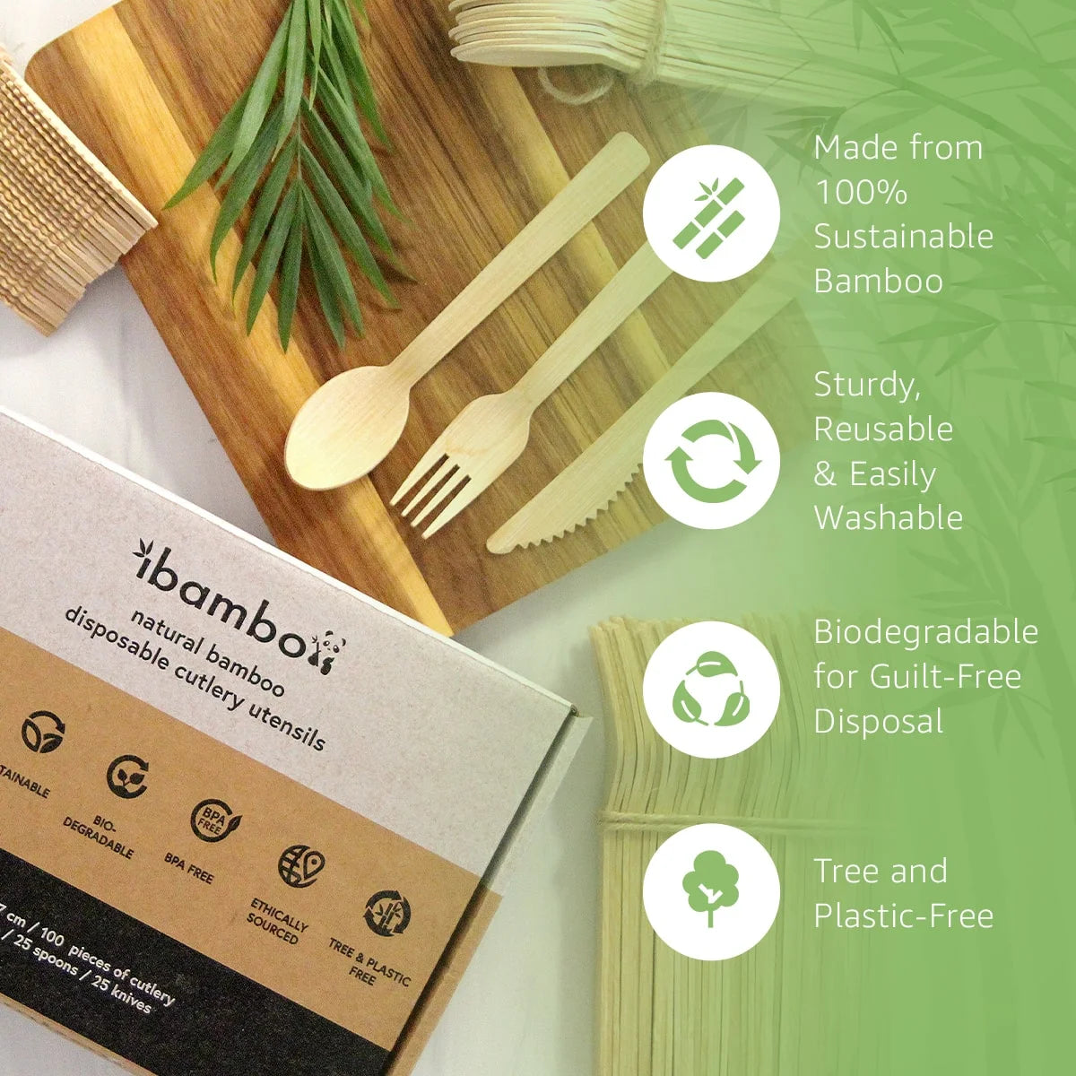 Natural Bamboo Disposable Cutlery Flatware, Mixed Set, Party Cutlery - 100 Set