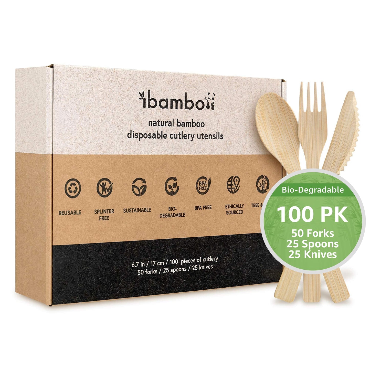 Natural Bamboo Disposable Cutlery Flatware, Mixed Set, Party Cutlery - 100 Set