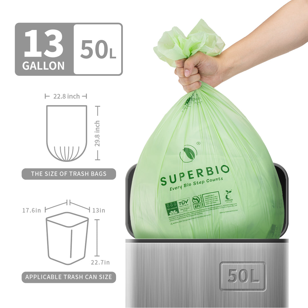 Compostable Tall Kitchen Garbage Bags, 13 Gallon